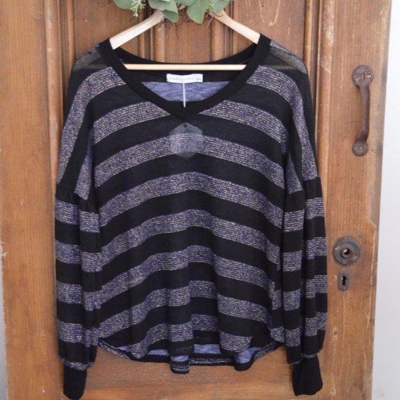 Paper Crane Striped Knit Top Sweater Drop Shoulders Puff Sleeves Womens Size L - Picture 1 of 12